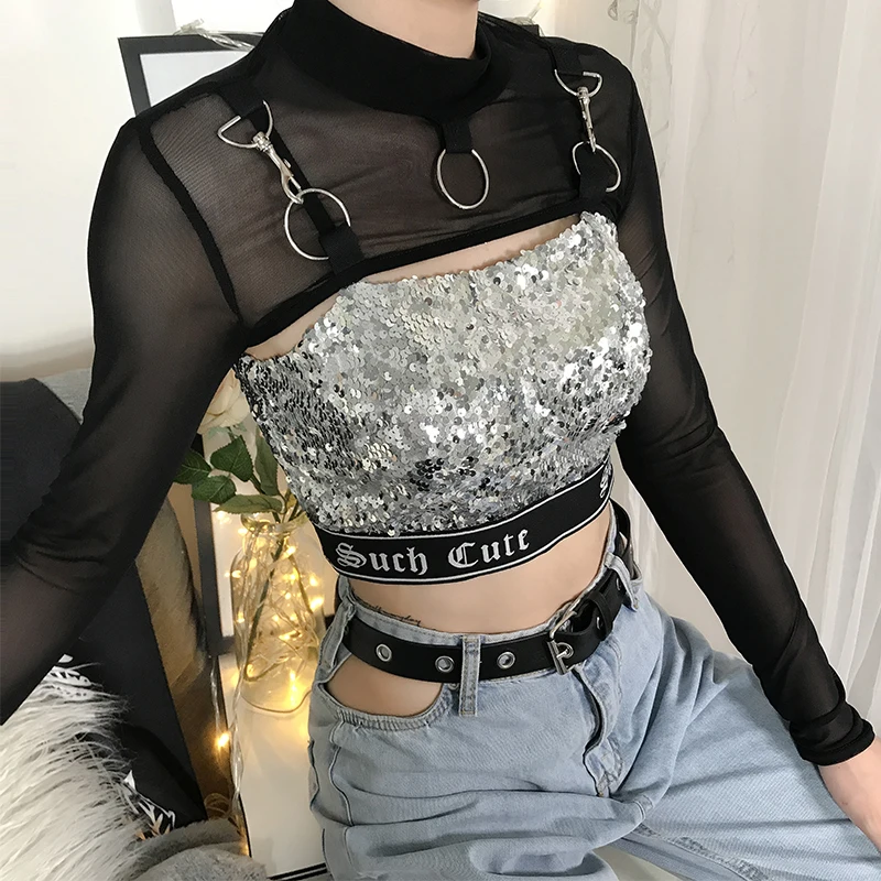 Sweetown черного цвета в стиле панк готическом стиле Вечерние топы для Для женщин металлическое кольцо с длинным рукавом укороченная футболка Эротическое белье рейв футболка