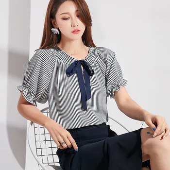 

Blouse Women 2019 Summer Short Sleeve Chiffon Blouse Shirt Striped round Collar Office Shirt Casual Tops femme Bow Blusas