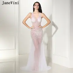 JaneVini Роскошные Алмазные перспектива сексуальные тюлевые Вечерние платья Длинные Дубай дизайн без рукавов с блестящими бусинами вечернее