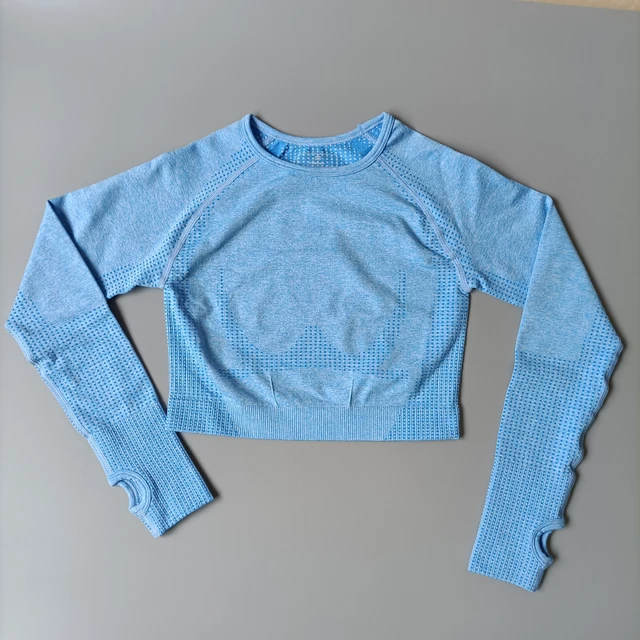 Personality Cotton Crop Top Sports Yoga Shirts women Long Sleeves Gym Workout T-shirts Fitness Sports Wear For Women Gym Tops Blue