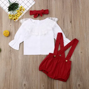 

0-24M 3pcs Toddler Baby Girls clothing set Lace Collar Long Sleeve Shirt Tops+Suspender solid Shorts+Headband summer clothes