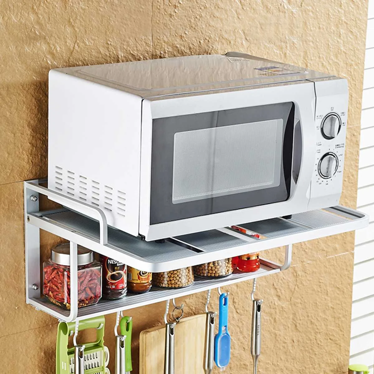  2 Tier Space Aluminum Microwave Oven Bracket Wall Mounted Kitchen Rack Light Grate kitchen Shelf Mi - 4000156443258