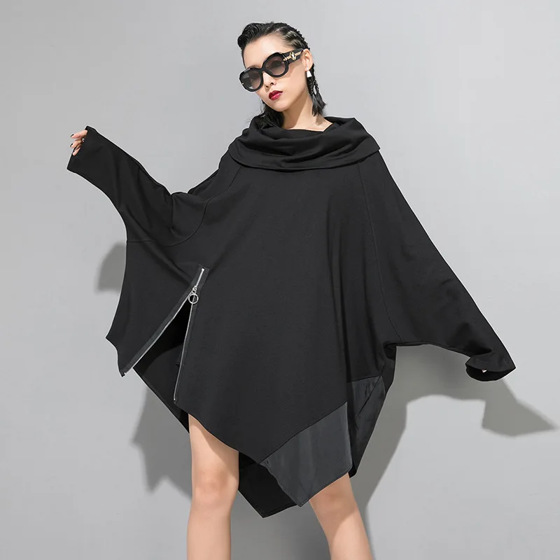 

Women Streetwear Hip Hop Punk Gothic Black Irregular Cloak Shawl Ladies Bat Sleeve Oversized Turtleneck Long Pullovers Hoodie