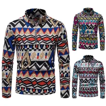 Bohemian Style Men Stand Collar Knitted Sweater Vintage Design Print Zipper Pullover Sweater Ethnic Style Coat