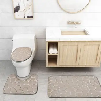 

Solid Color Rug Sets Toilet Anti-slip Pad Mats Carpet of 3D Stone Pattern Bathroom Supplies
