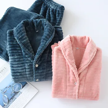 

Coral Fleece Couple Pajamas Set Women Autumn Winter Causal Homewear Cute Thickening Long Sleeve Pocket Home Service Suit Yukata