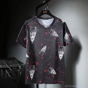 

Summer thin section men plus fat plus size ice silk short-sleeved T-shirt oversized half-sleeved tide fashion printing 165 kg