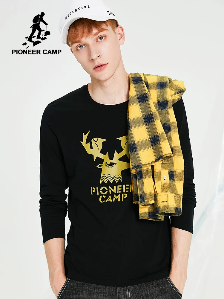 Pioneer Camp Crewneck Men Long Sleeve Streetwear t Shirt Cotton Deer Print Navy Blue T-shirt Male ACT901281