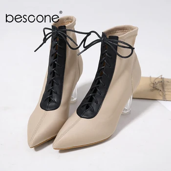 

BESCONE Fashion Women Boots Cross-Tied Lace-Up Ankle High Square Heel Pointed Toe High Quality Shoes Handmade Mature Boots BM413