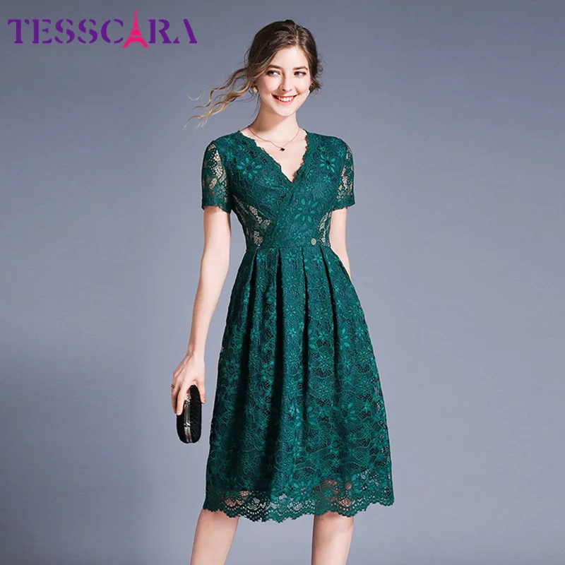 Green TESSCARA женское летнее элегантное зеленое кружевное платье Festa Женская Высококачественная Офисная Женская одежда для вечеринки с v-образным вырезом дизайнерская повседневная одежда Vestidos - Цвет: Green