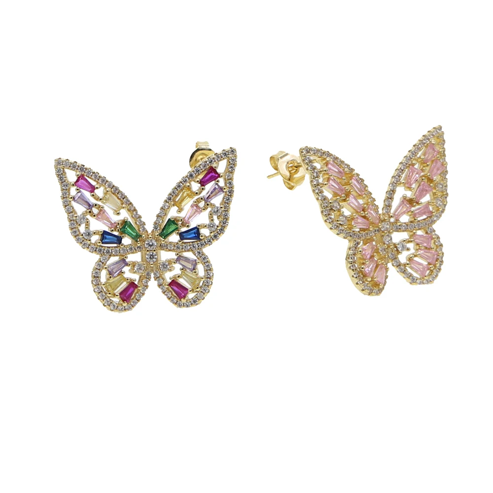 Дизайн Модные женские ювелирные изделия Радужный цветной инкрустированный цирконами милое симпатичное животное Сережка-гвоздик в форме бабочки