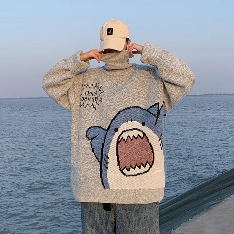 ZAZOMDE Men Turtlenecks Shark Sweater Men 2020 Winter Patchwor Harajuku Korean Style High Neck Oversized Grey Turtleneck For Men
