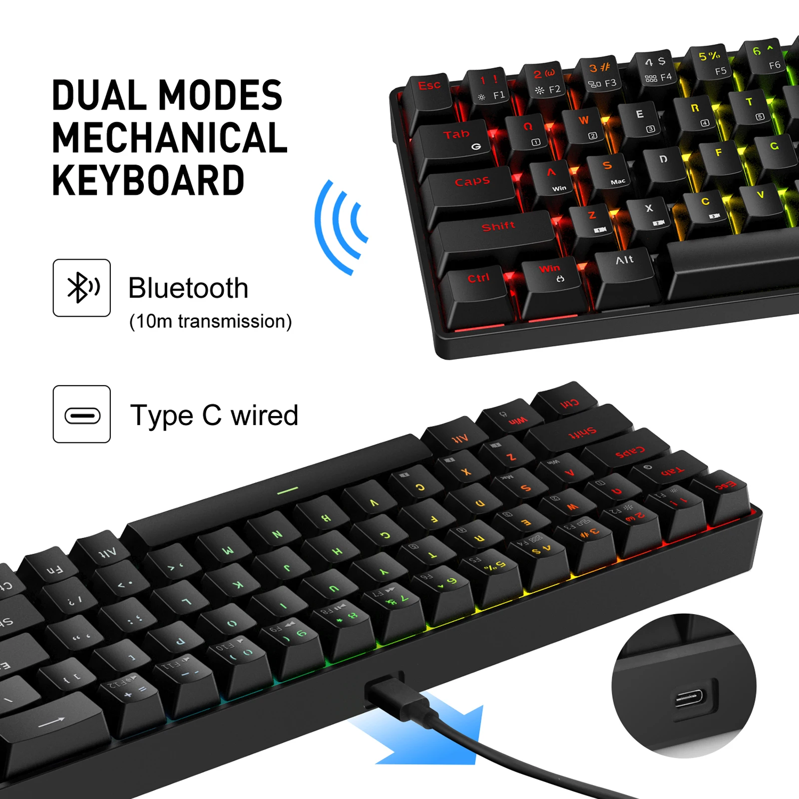 Havit Dual Mode Wireless Mechanical Keyboard and Wired Mouse, Bluetooth 5.1  & Type C Wired 68 Keys Gaming Keyboard Brown Switch