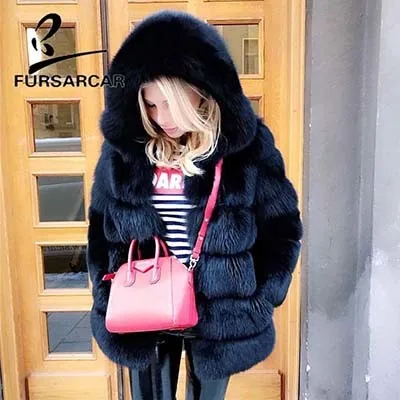 Black Модное роскошное Женское пальто с натуральным мехом, 80 см, длинная куртка из натурального Лисьего меха с большим меховым капюшоном, длинный рукав, зимний толстый мех - Цвет: Black