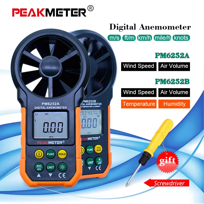 Цифровой USB Анемометр PEAKMETER PM6252A/B измеритель температуры влажности скорости
