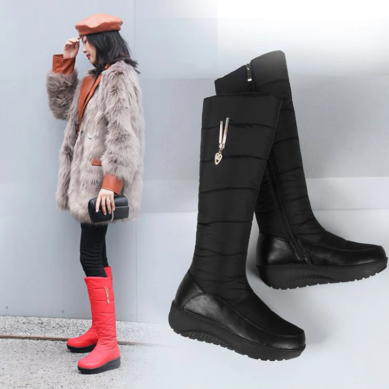 

2020 Winter Women's Snow Boots Women Feather High Boots Ladies Thick Heel Plush Waterproof Booties Female Warm Antislip Shoes