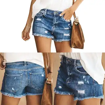 

Summer Straight Trousers Fashion Trend Tassel Ripped Street Denim Shorts Female Dark Blue