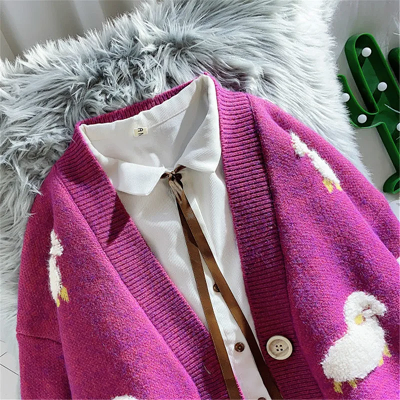 NCLAGEN Cute Sheep Women Knitted Cardigan Batwing Sleeve Loose Casual Sweater Girls Pockets V Neck Spring Fall Outwear Top Cloth