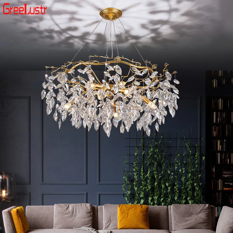 

Luxury Gold Crystal Chandeliers Lamp Nordic E14 Suspension Luminaire Round Indoor Lighting Hotel Hall Art Decor Pendant Lampara