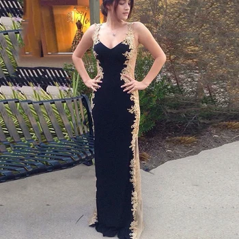 

SoDigne Dubai Long Evening Dresses Sexy Split skirt Sleeveless Gold Appliques Backless Prom Dress Women robe de soiree 2020