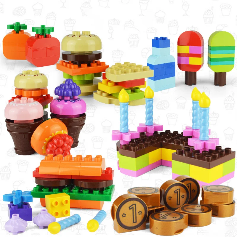 

128pcs Assemble afternoon tea snack building blocks Hamburger ice cream large particles legoed educational toys for children