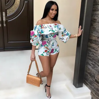 

Women Boho Slash Neck Ruffles Floral Print Rompers Sexy Off Shoulder Belt Short Jumpsuit Sashes One Piece Beach Overalls