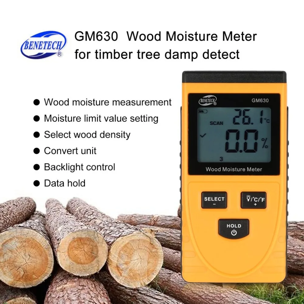 BENETECH GM630 цифровой ЖК-дисплей измеритель влажности древесины тест Дерево Бумага дерево влажный детектор плотность гигрометр