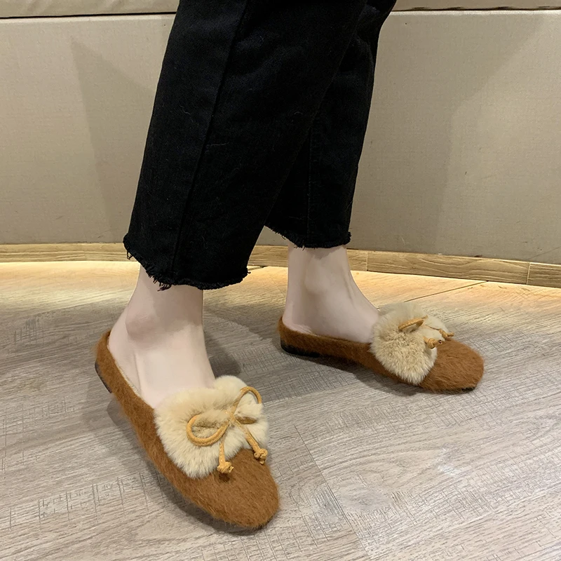 EOEODOIT/меховые тапочки с квадратным носком для женщин; сезон осень; домашняя обувь без задника; женские Тапочки