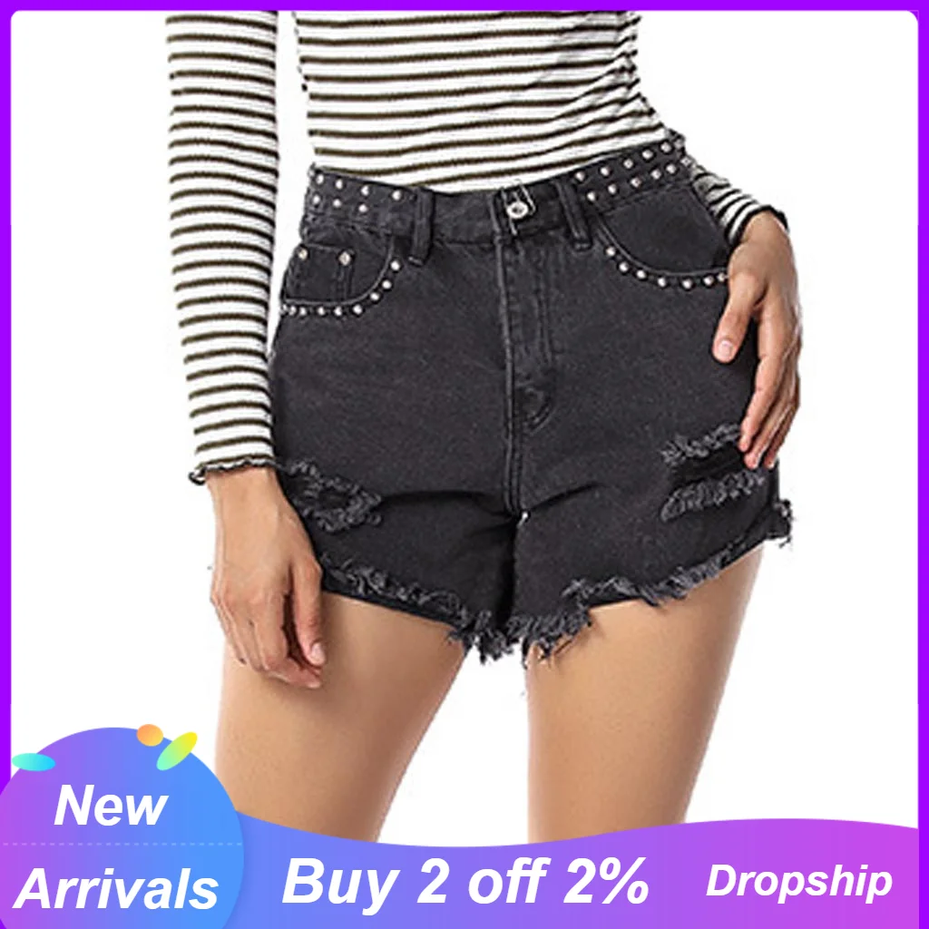 2020 verano negro rasgado Denim Shorts mujeres cintura alta Booty talla grande moda Sexy corto pantalones cortos Jeans - AliExpress