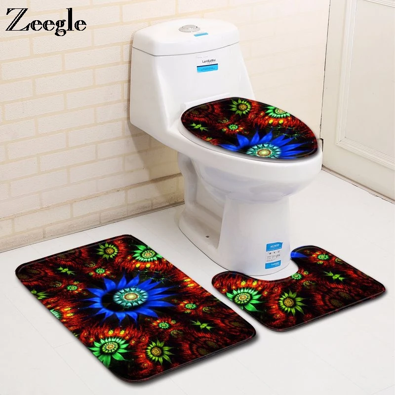 Zeegle Bath Mat Set Anti Slip Bathroom Doormat Absorbent Toilet Pedestal Rug Foot Mat Flannel Toilet Seat Cover Mat Toilet Set