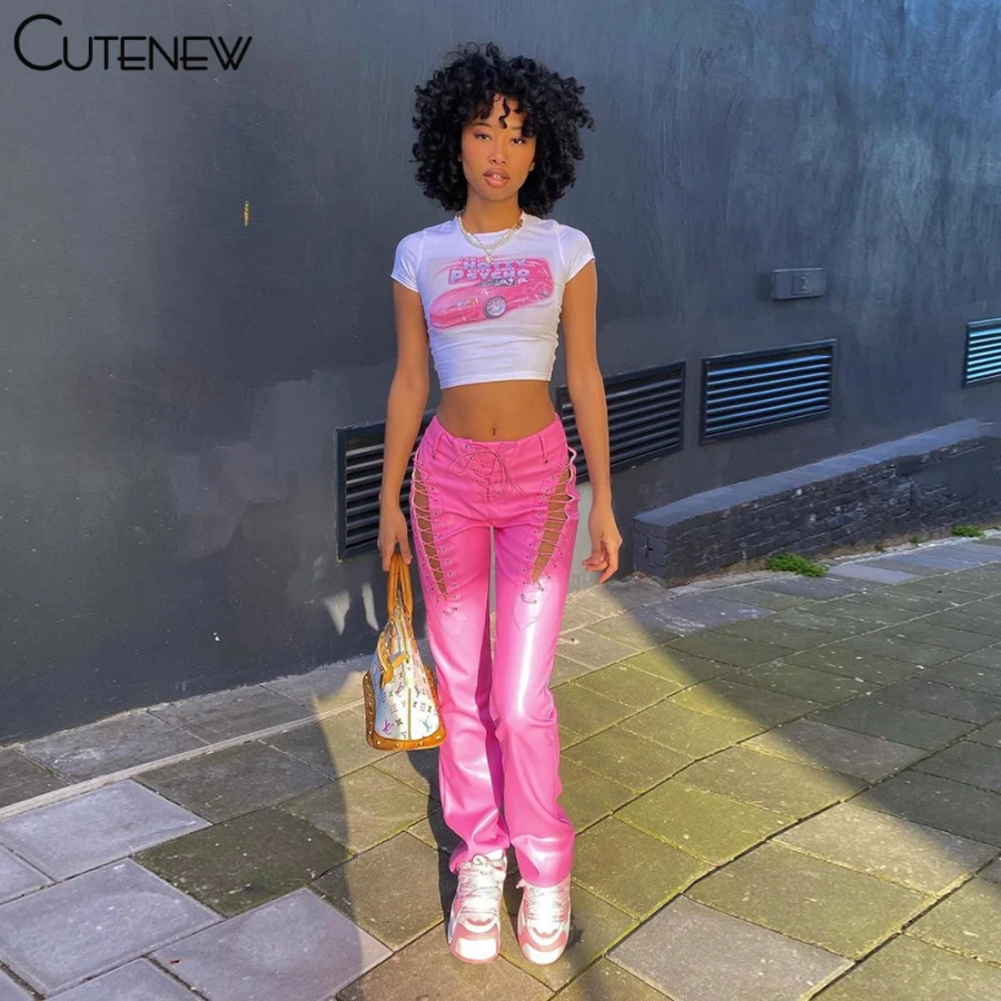 Cutenew-Pantalones rectos de estilo callejero para mujer, calzas de estilo Hipster, de cuero PU, a la moda, Color sólido, 2021 Y2K