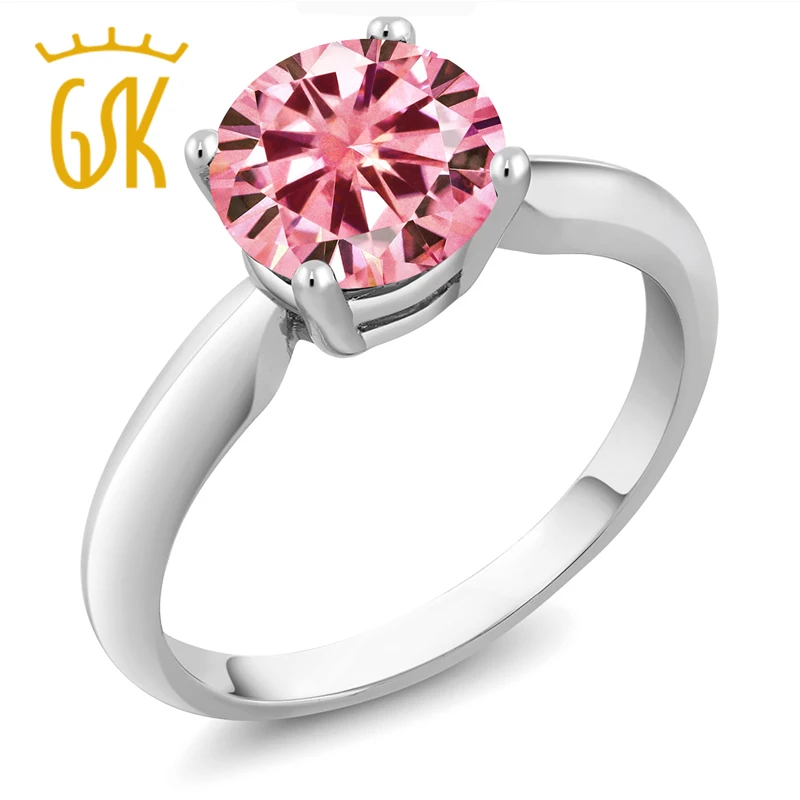GemStoneKing 925 пробы Серебряное кольцо Пасьянс РОЗОВОЕ КРУГЛОЕ созданное Moissanite 1.90ct DEW