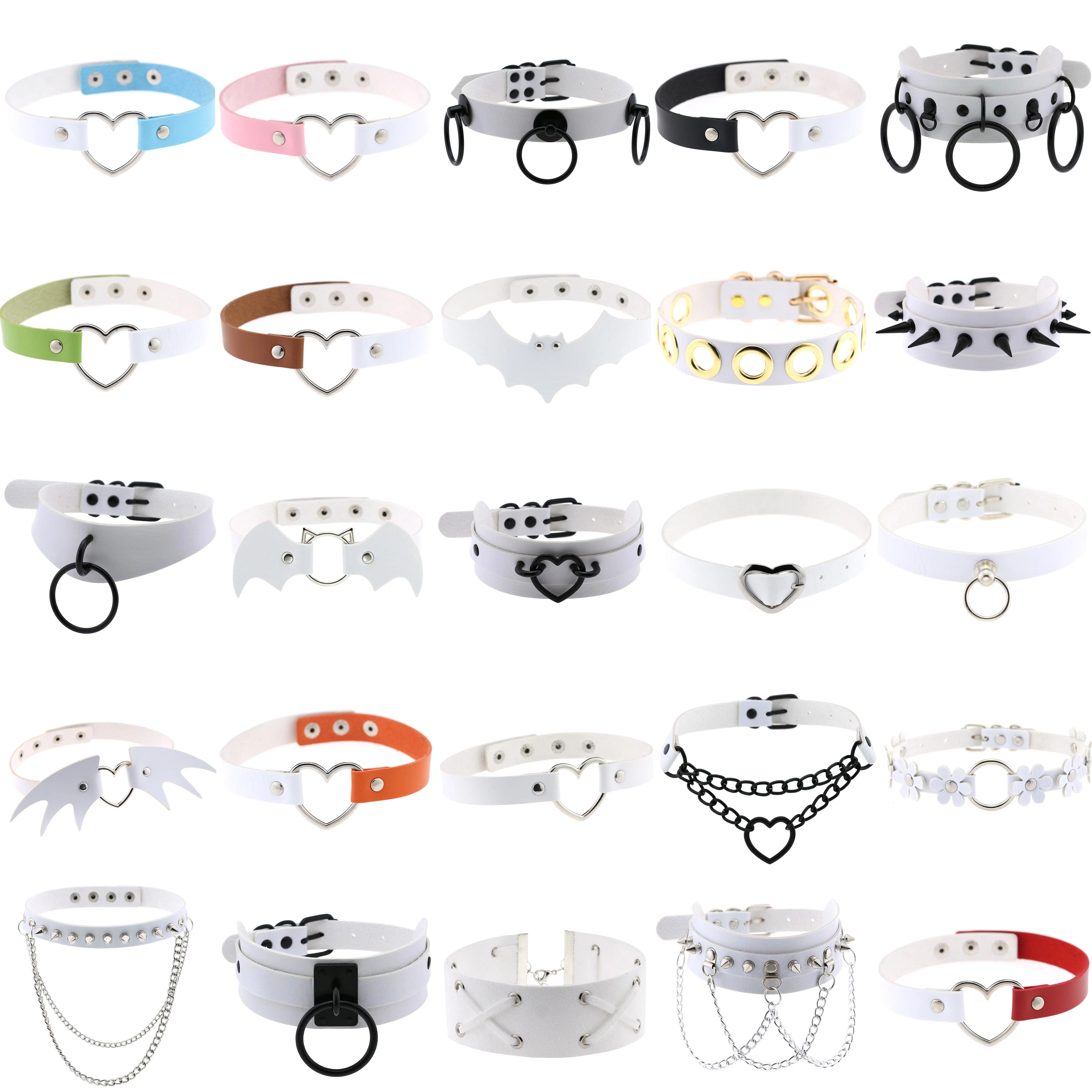 Goth Punk White PU Leather Necklaces For Women Rock Round heart Spike Rivet Studded Choker sexy collar Harajuku cosplay Jewelry | Украшения