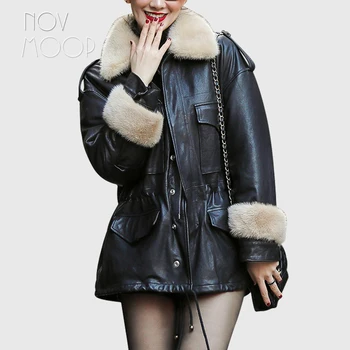 

Novmoop detachable mink fur collar / sleeve / liner lambskin genuine leather down coat women winter black jacket casacos LT2950