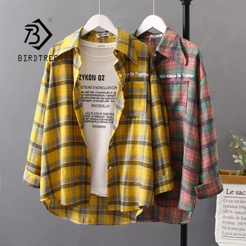 

New Arrival Women Vintage Plaid Oversized Blouse Batwing Sleeve Turn Down Collar Loose Print Long Shirt Button Up Casual Top T04