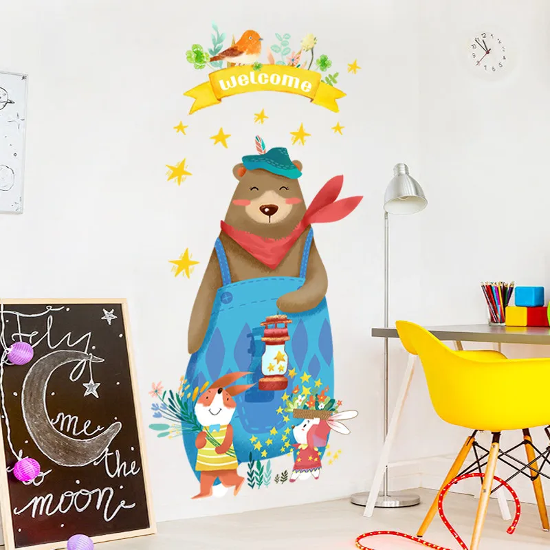 Милый медведь стикер на стену в виде кролика цветные Животные медведь настенные наклейки на дверь для детской комнаты детская комната Домашний декор фрески искусство