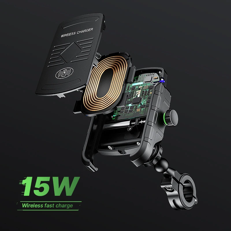 Aluminum alloy Motorcycle Mobile Phone Wireless Charging Stand 15W Fast Charge Mobile Navigation Phone Holder 360 Degree QIUSB