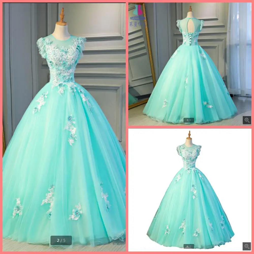2019 real picture sky blue ball gown lace appliques prom dress cap sleeve with flower beaded sequins prom gowns best selling