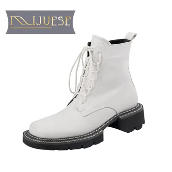 

MLJUESE 2021 women Ankle boots Cow leather Winter short plush Square Toe Zipper Med heels female Riding boots size 42