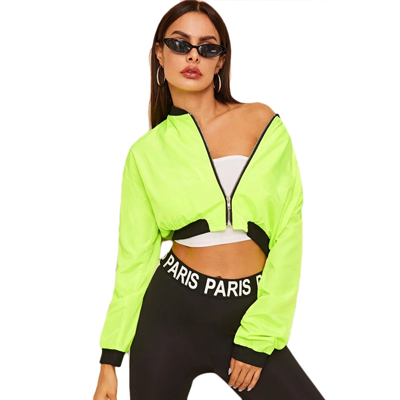 Romwe Sport Neon Green Zipper Crop Jacket Women Autumn Outerdoor Running Coat Stand Collar Exercise Windbreaker Bomber Jacket