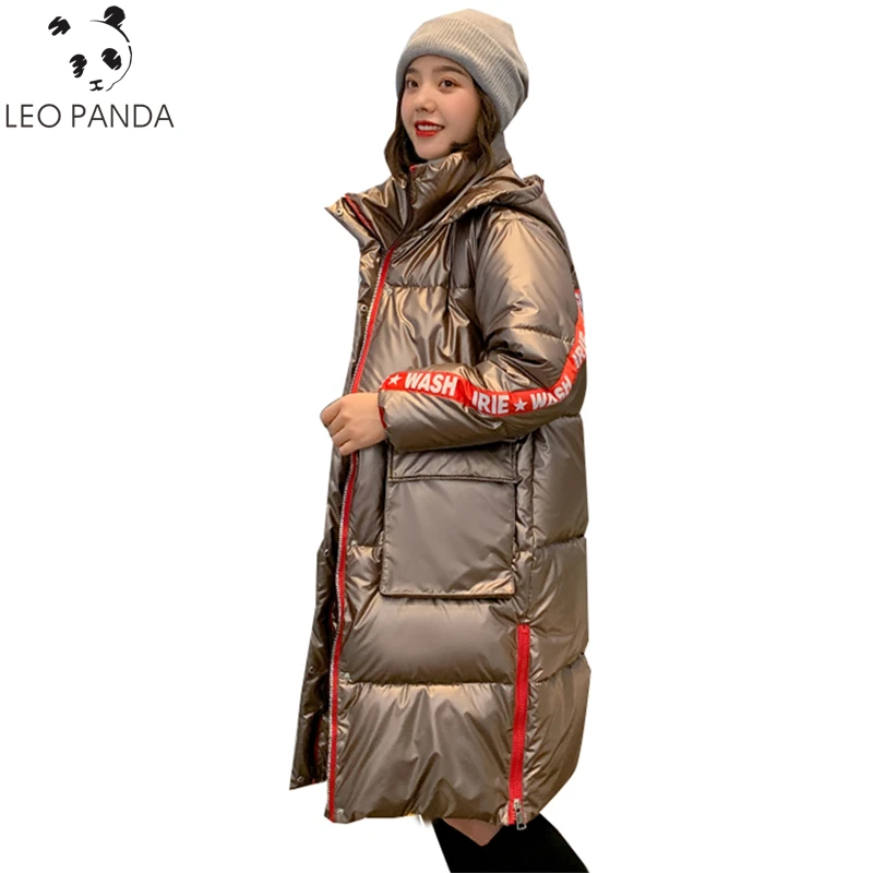 

2019 New Winter Glossy Down Cotton Long Parka Women's Waterproof Jacket Large Size Loose Winter Warm Thick Shiny Silver Coats