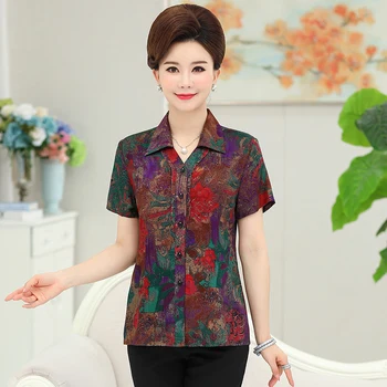 

Printed Short Sleeve Shirts For Women Short Sleeves Blouses 2020 Summer New Casual Large Size Middle Age Mother Blusas Tops