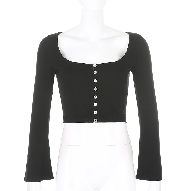 IAMSURE 2020 Autumn Solid Black Basic Long Sleeve Women Casual Cardigan Blouses Square Collar Fitness Female Cropped Shirt