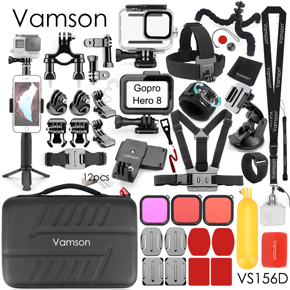 VS156D Vamson для экшн-камеры GoPro, комплект аксессуаров, водонепроницаемый чехол, набор для Go Pro Hero 8, черный аксессуар для экшн-камеры VS156 - Цвет: VS156D