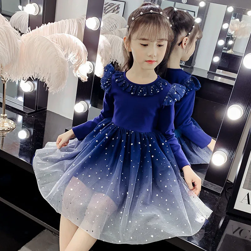 

2019 Winter New Girls Princess Dress Plus Velvet Thickened Dress Three Layer Gradient Elegant Lace Sequin Mesh Pleated Dress