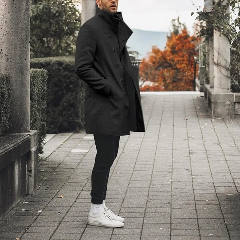 Осенне-зимняя мужская брендовая флисовая куртка, Мужское пальто, повседневное однотонное тонкое пальто с воротником, длинный Тренч, уличная куртка