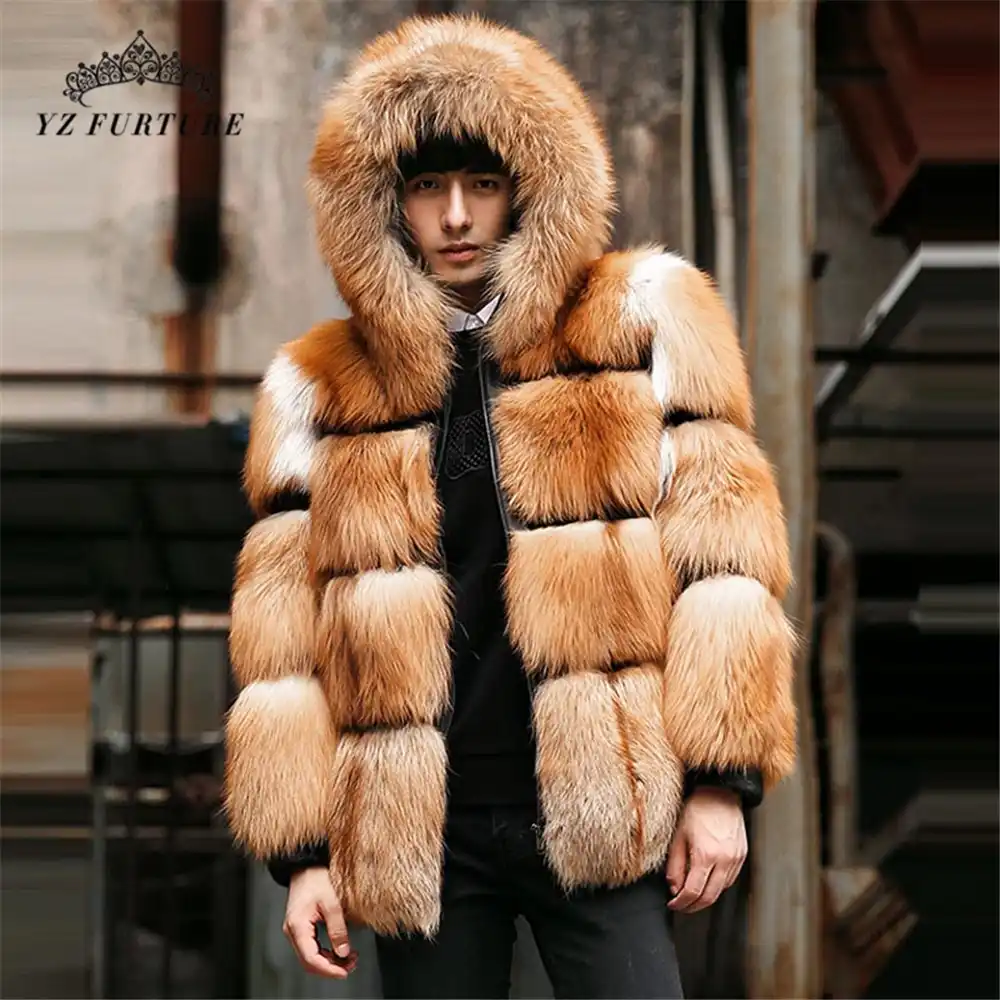 red fox fur coat with hood