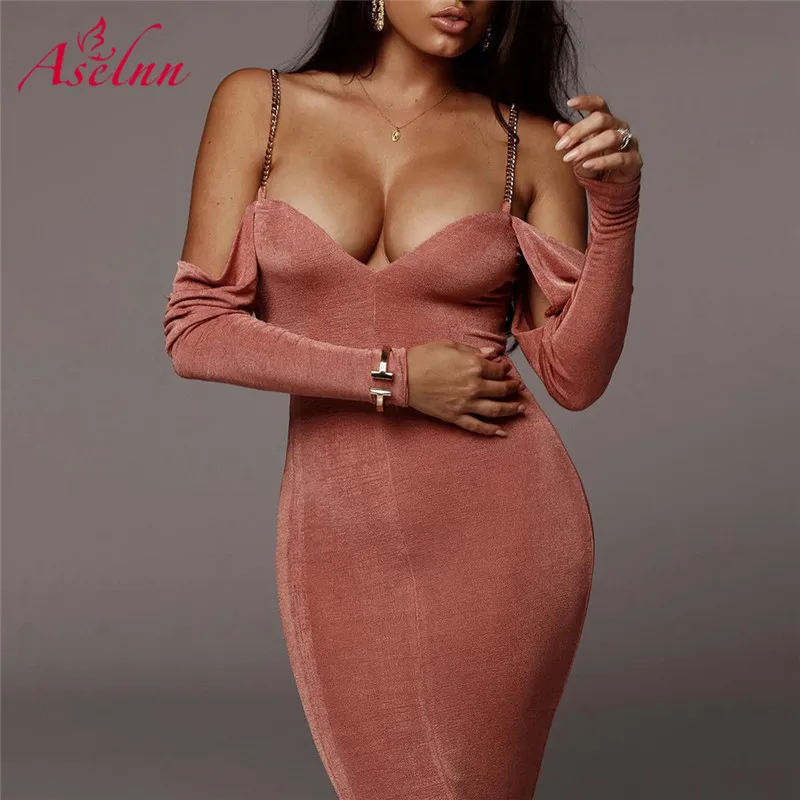 

Aselnn 2019 Autumn Winter Sexy Chain Sling Off Shoulder Long Sleeve Backless Solid Color Slim Bodycon Strapless Party Dress