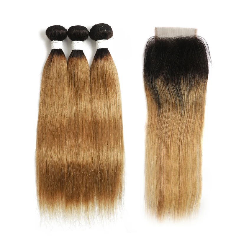 1B 27 Ombre Honey Blonde Brazilian Straight Bundles With Closure SOKU Human Hair Bundles 3 Bundles With Closure Non-Remy - Цвет: T1B-27