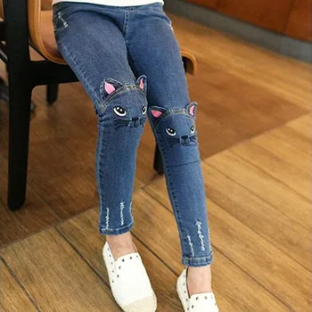 

Cartoon Cat Embroidery Jeans For Girls Spring Jeans Baby Jeans Casual Denim Pants Slim Thin Trousers 3-12Y Children'S Clothing